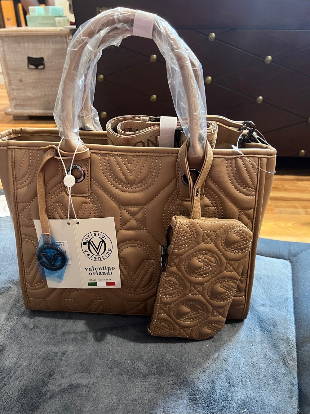 Valentino Orlandi Tan Quilted Tote with Detachable Pouch